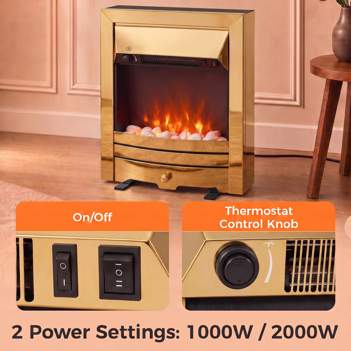 Brass electric fireplace stove showing On/Off switch and thermostat control knob