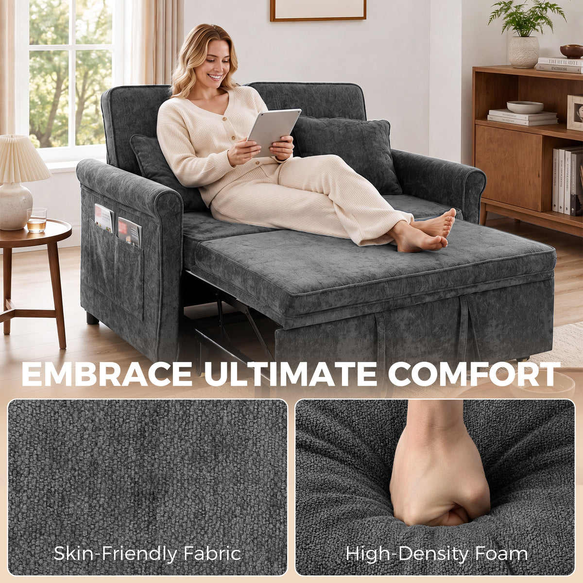 Homcom 2 Seater Sofa Bed Convertible Chenille Sleeper With Wheels Grey