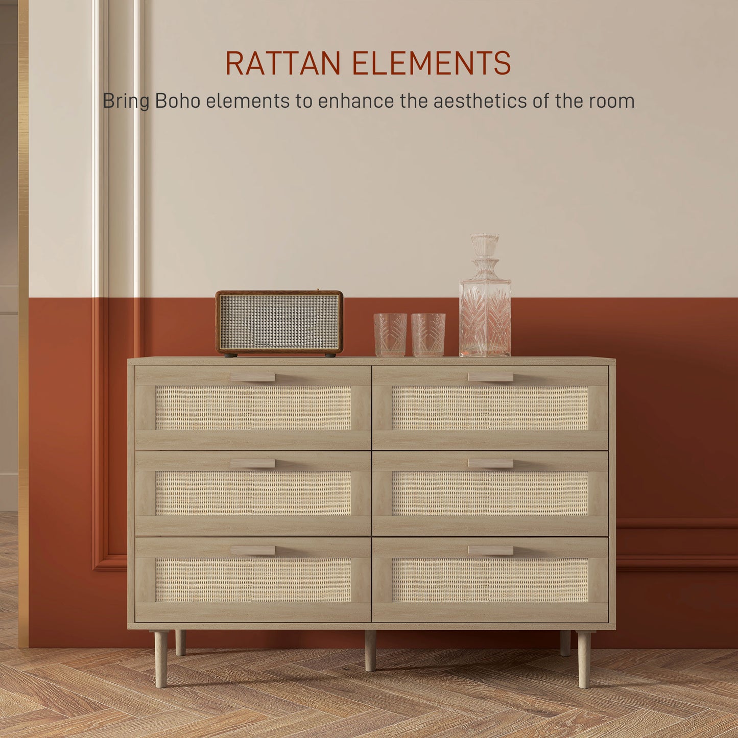 HOMCOM 6 Drawer Tall Chest Of Drawers With Rattan Element Oak Finish For Bedroom And Living Room