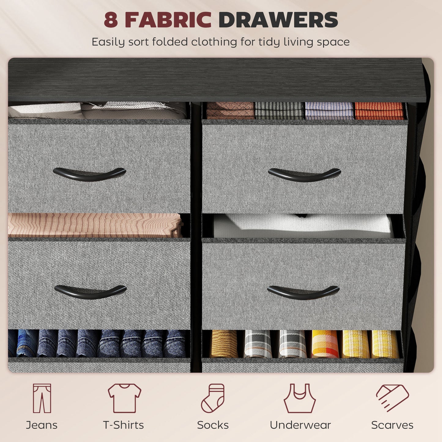 HOMCOM Fabric Chest Of Eight Drawers Charcoal Grey With Steel Frame And Side Pockets