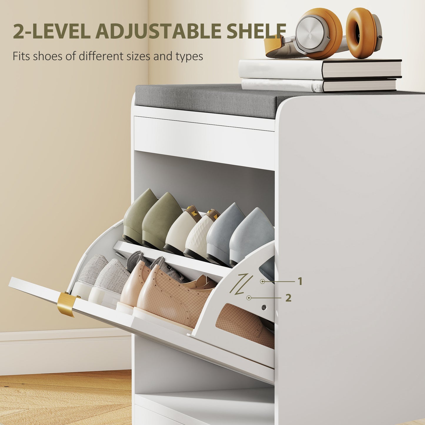 HOMCOM Upholstered Entryway Shoe Storage Bench With Seat And Flip Drawer And 4 Vents For 5 Pairs Shoes