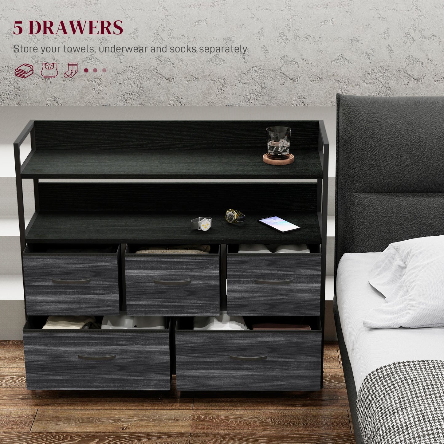 HOMCOM Rustic Chest Of Five Fabric Drawers Black Industrial Storage Solution For Bedroom