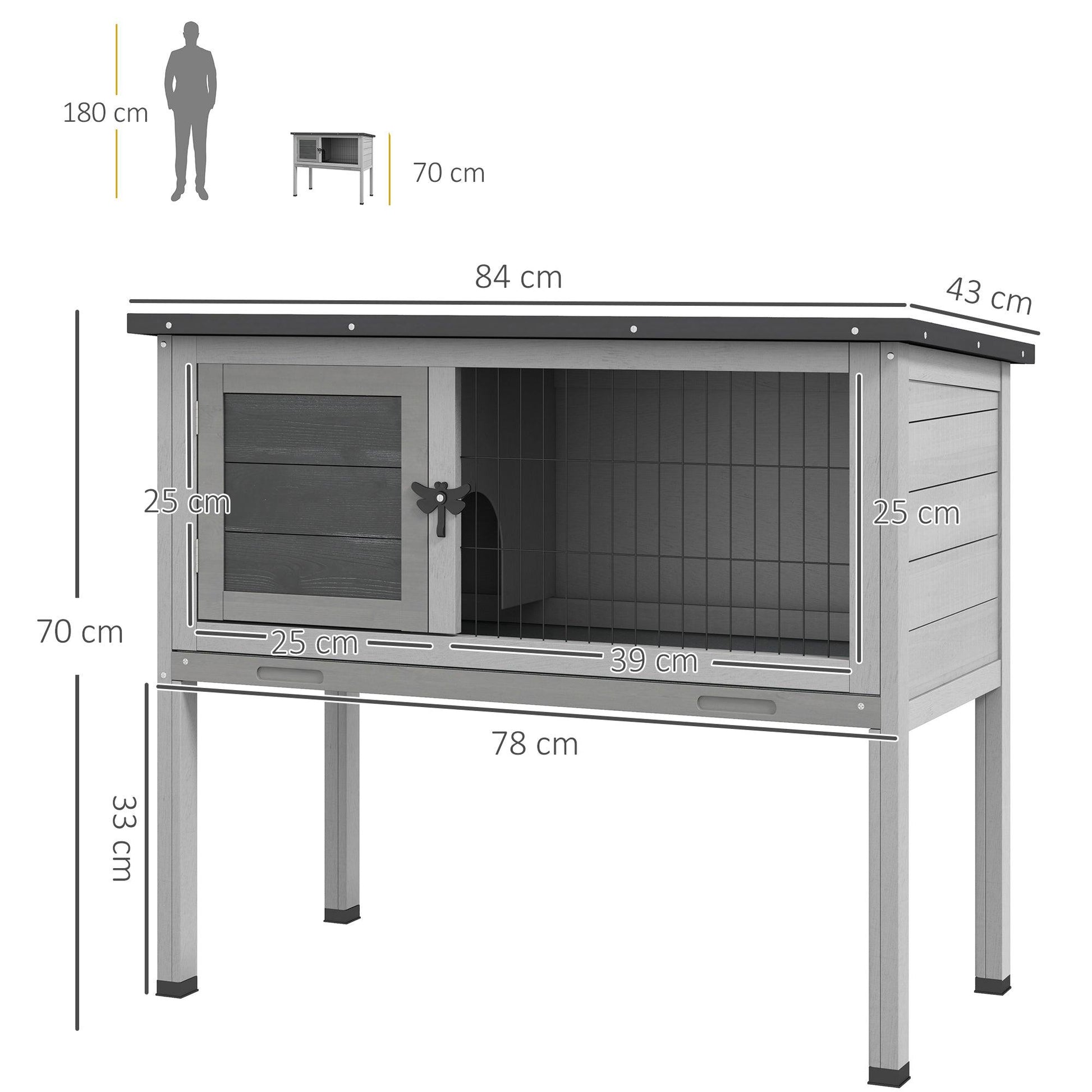 PawHut Gray Wooden Rabbit Hutch Cage with Openable Roof - 84 x 43 x 70 cm - ALL4U RETAILER LTD