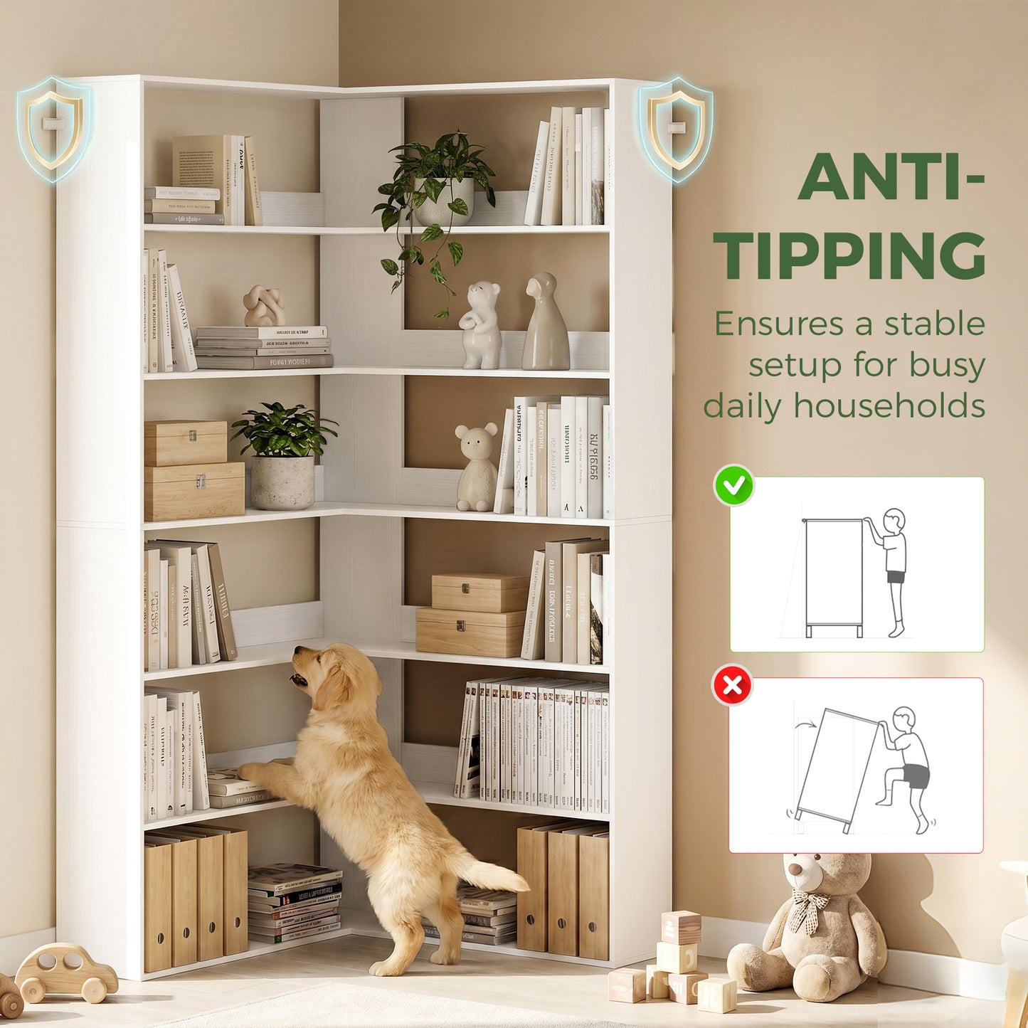 HOMCOM 7 Tier L Shaped Corner Bookshelf White Wood Effect 180 cm Tall With Anti Slip Rear Guard