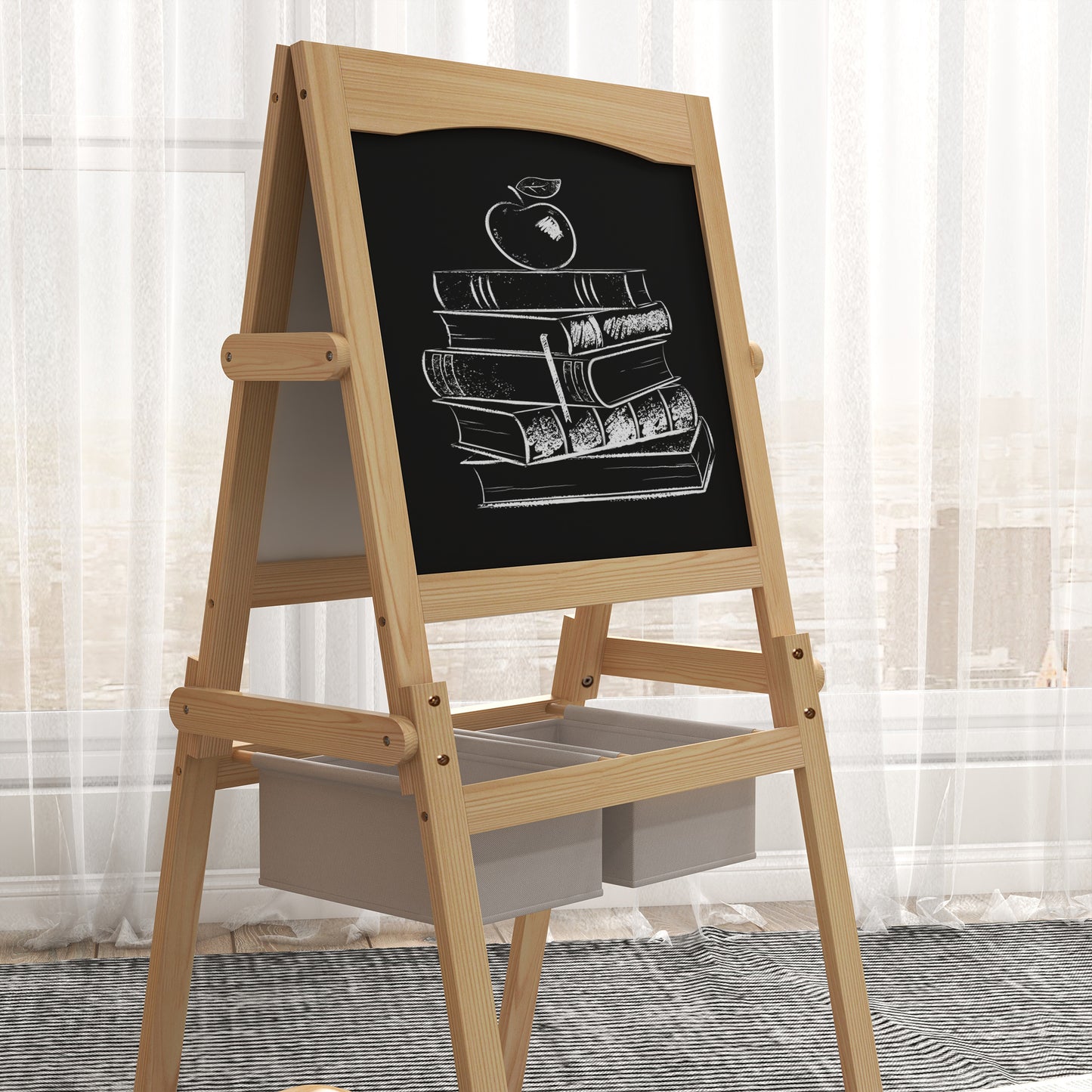 AIYAPLAY 3-in-1 Kids Art Easel with Paper Roll, Double-Sided Whiteboard and Blackboard for Toddlers, Includes Storage Baskets, Ages 3-6 - ALL4U RETAILER LTD