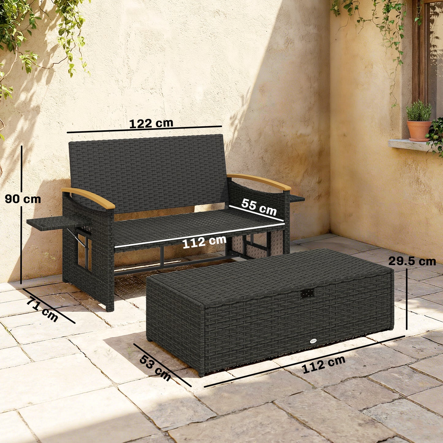 Outsunny Double Outdoor Rattan Daybed Chaise Lounger With Storage Ottoman And 4-Level Adjustable Backrest Dark Grey