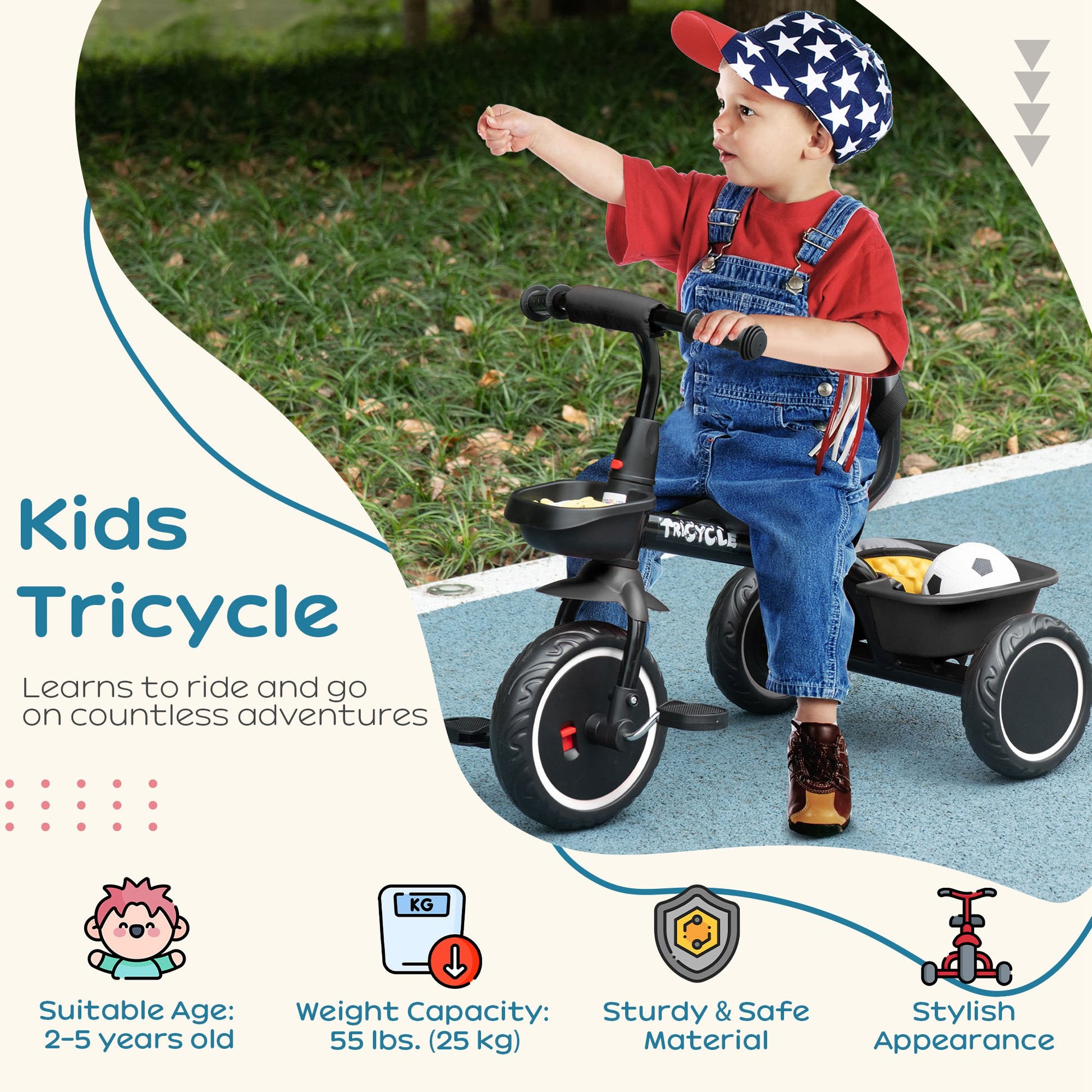 AIYAPLAY Adjustable Kids Tricycle with Baskets for Ages 2-5 - Black - ALL4U RETAILER LTD