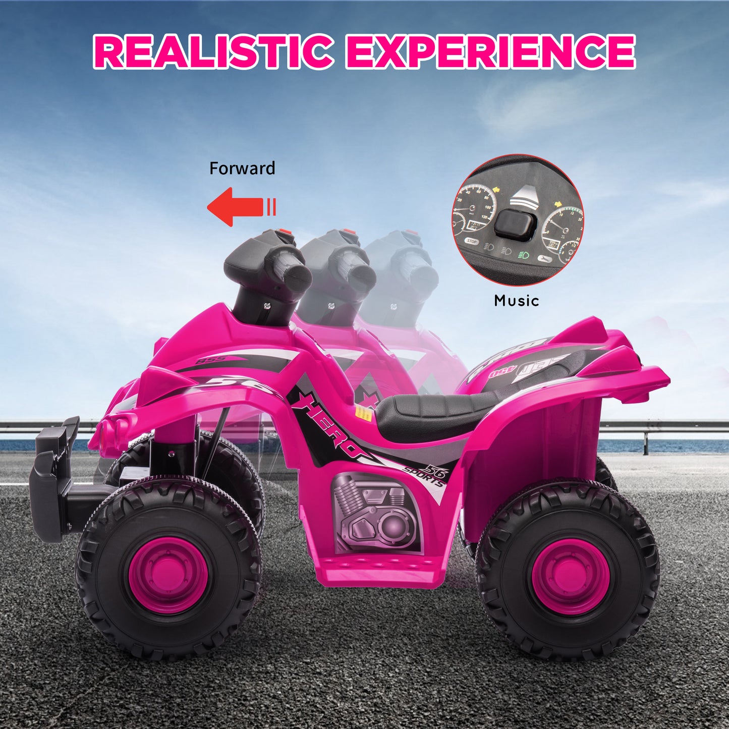 AIYAPLAY 6V Pink Electric Quad Bike for Kids with Music, Forward Function, Ideal for Ages 2-6