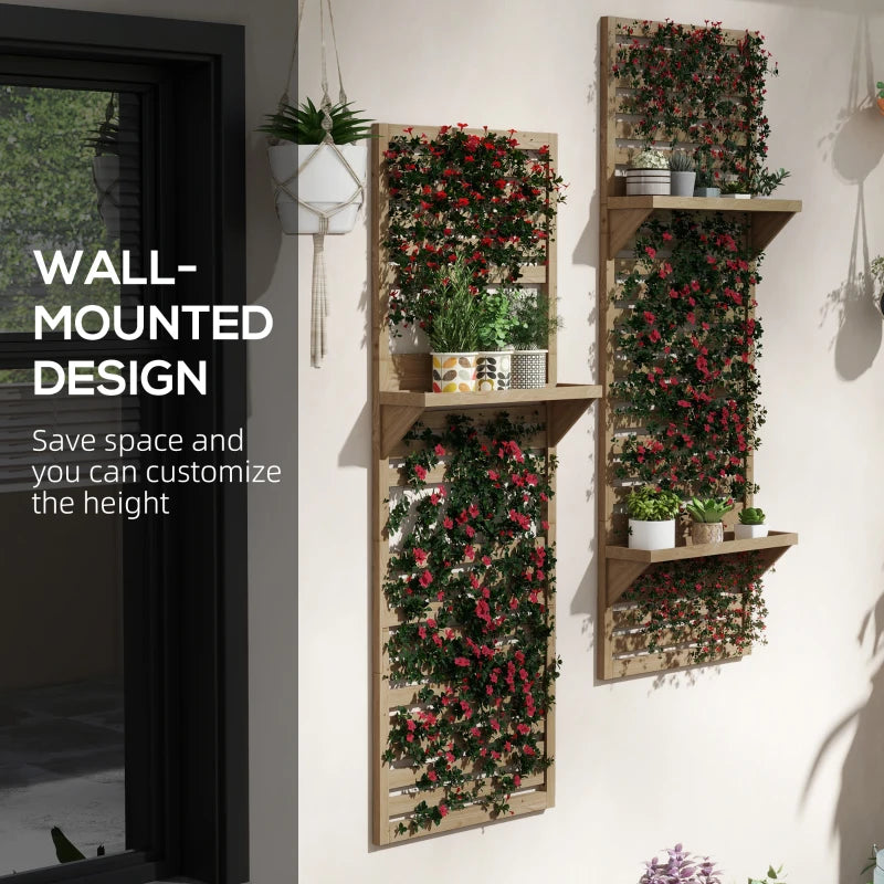 Outsunny Set of 2 Wall Mounted Plant Stands - Fir Wood Flower Stand with Shelves and Slatted Trellis for Patio, Balcony, Porch | Space-Saving Vertical Garden Décor - ALL4U RETAILER LTD