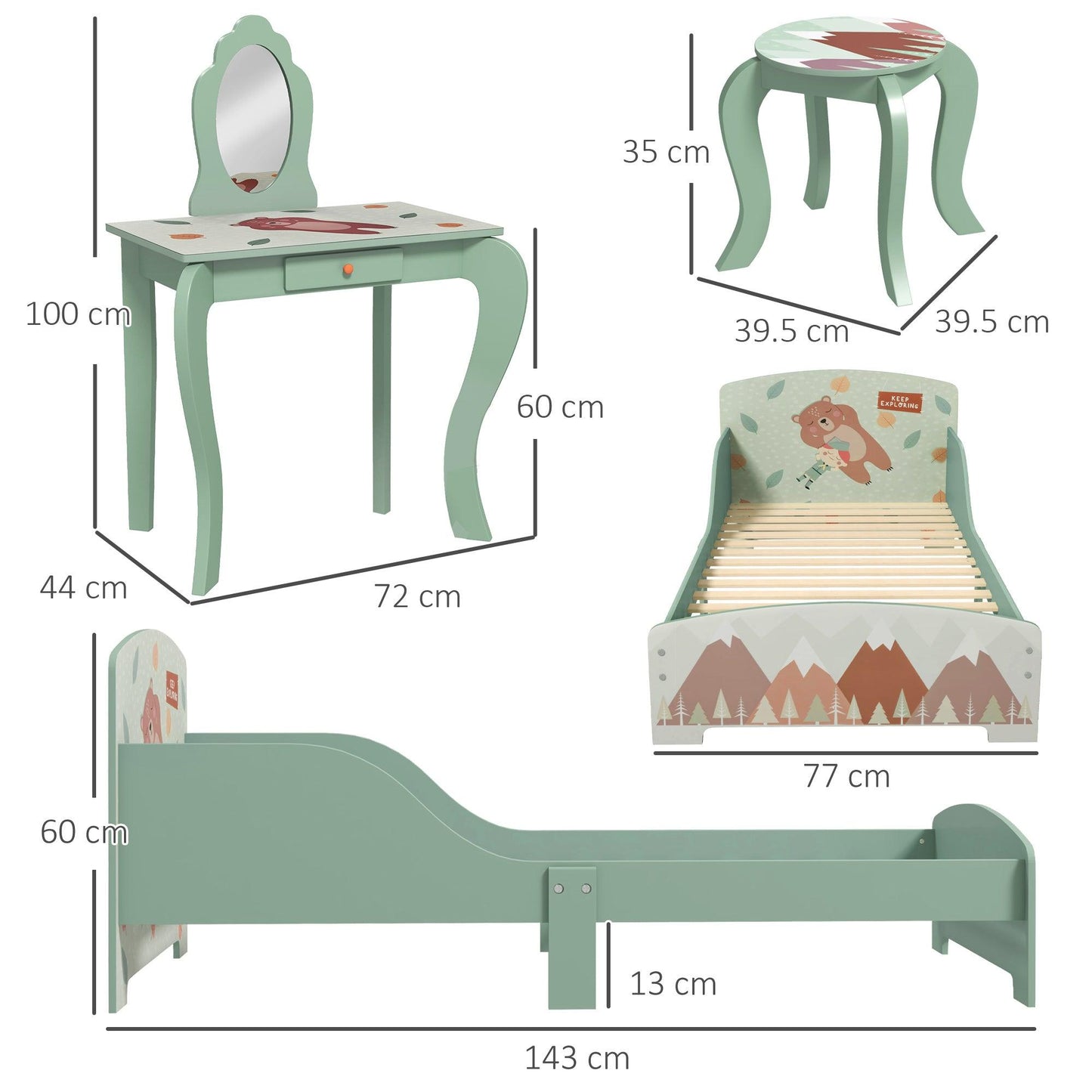 ZONEKIZ Green Animal Design Toddler Bed Frame and Dressing Table Set - ALL4U RETAILER LTD