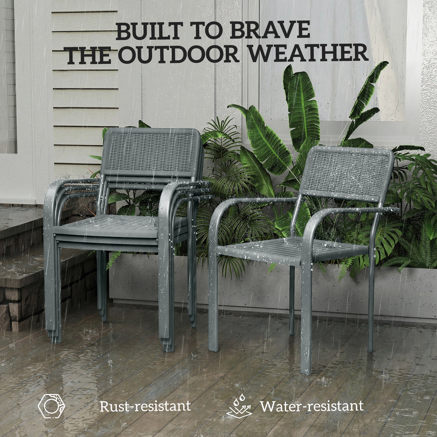 Outsunny Stackable Garden Chairs Set of 4 Rattan Effect Outdoor Dining Chairs Light Grey