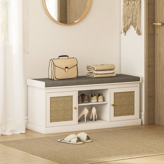 HOMCOM Boho Shoe Storage Bench With Padded Cushion And Rattan Doors Holds Up To Nine Pairs White