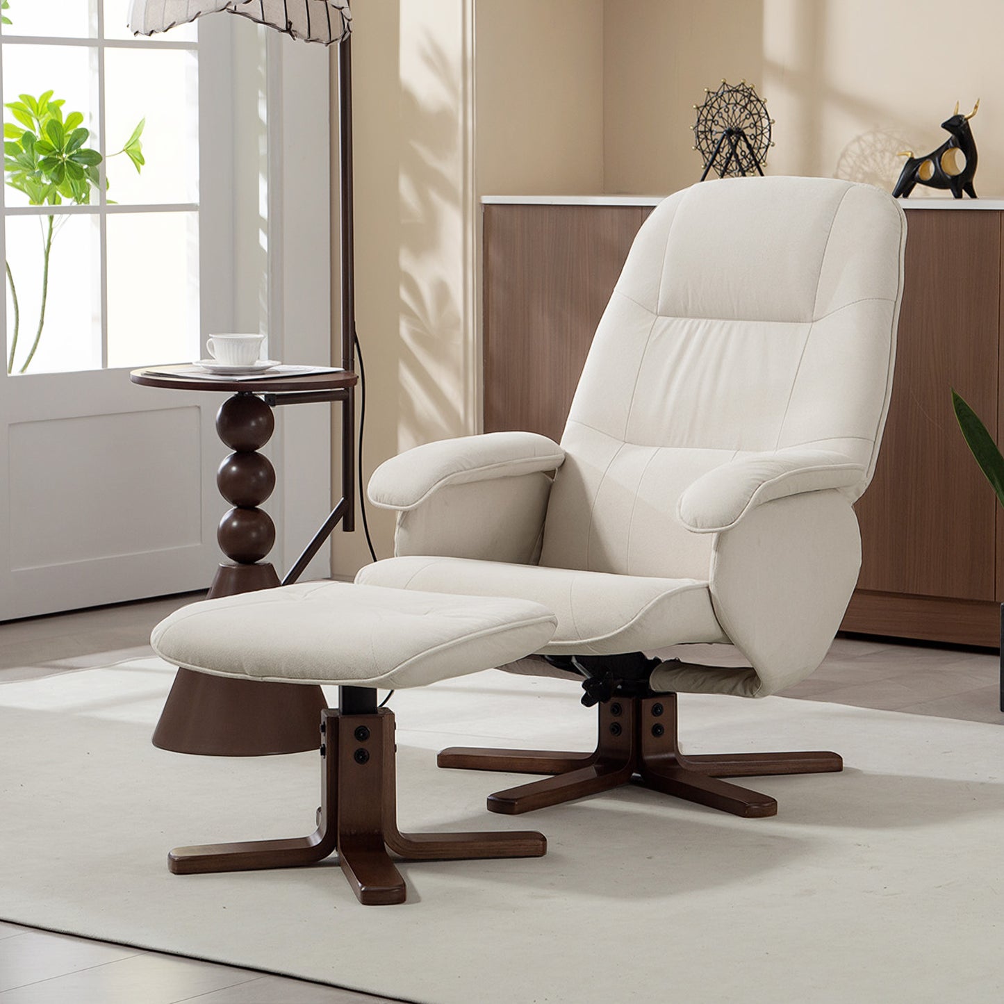 HOMCOM Linen Swivel Recliner Chair With Footstool Upholstered Armchair With Wooden Base Beige
