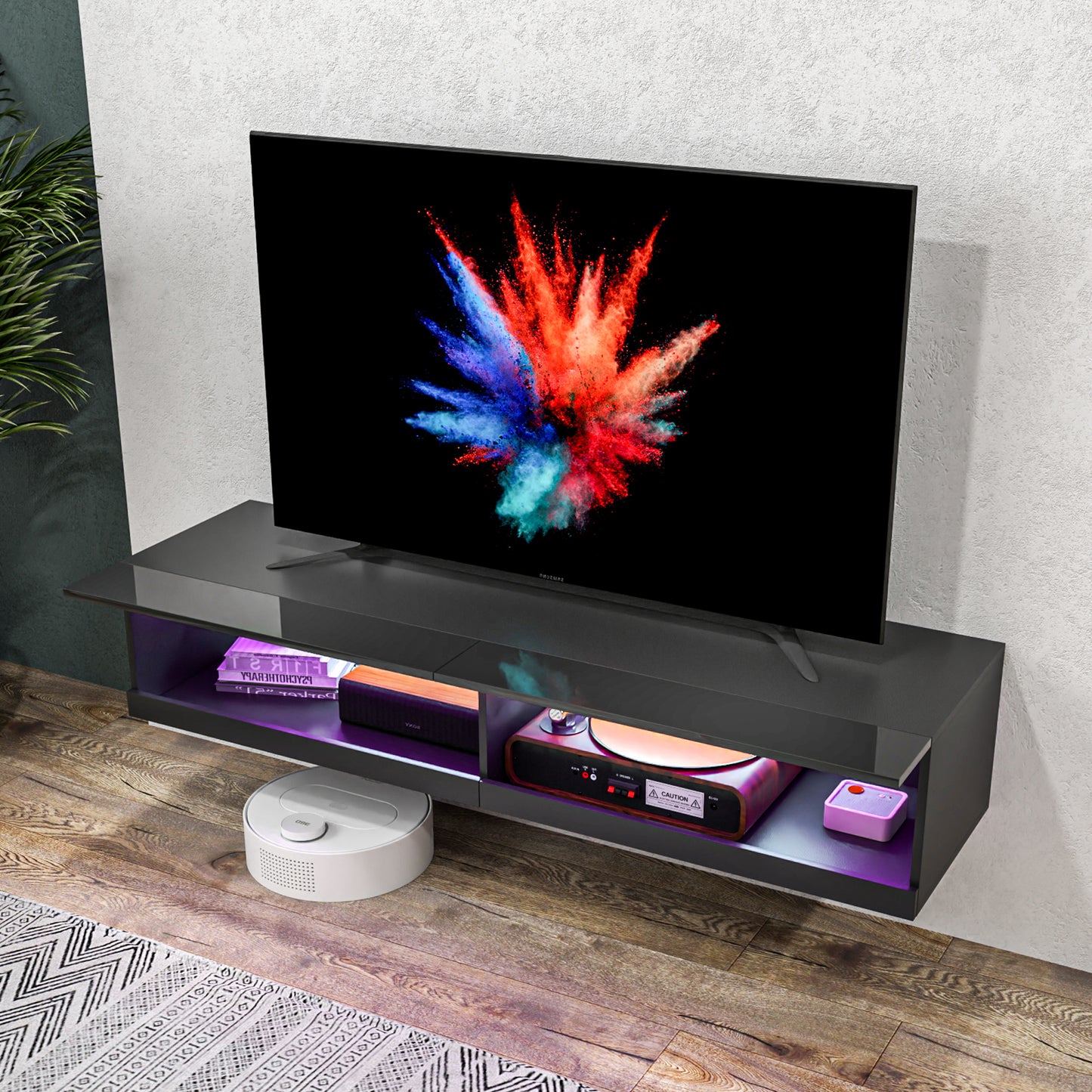 HOMCOM Modern Wall-Mounted Floating TV Cabinet with LED Lighting and Storage Shelves, High Gloss Black Finish - ALL4U RETAILER LTD