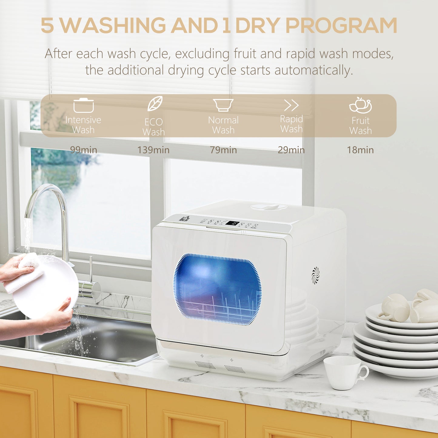 HOMCOM Tabletop Dishwasher Built In 6L Water Tank 6 Programs 4 Place Settings White