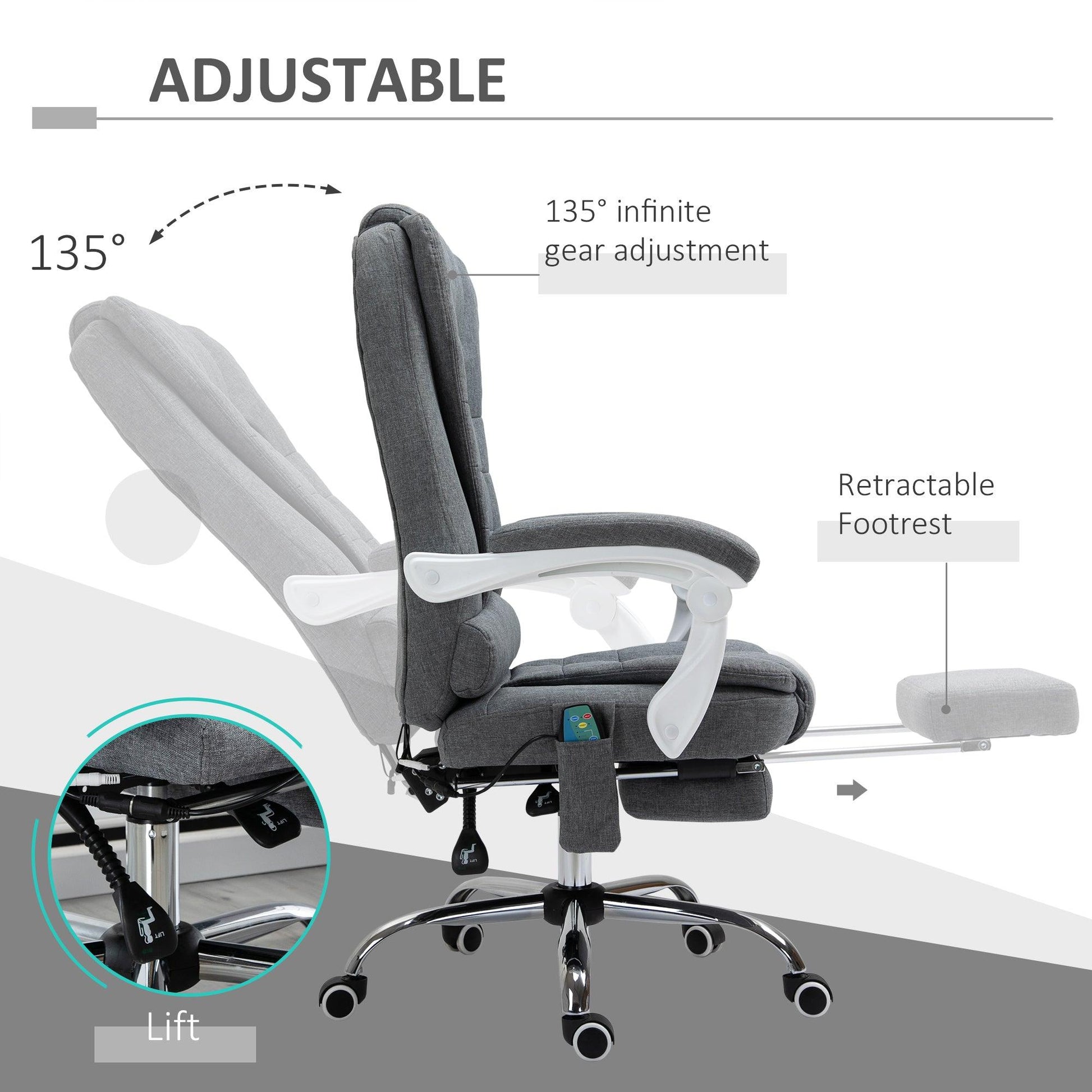 Vinsetto Heated Massage Executive Office Chair - Adjustable Swivel Ergonomic Desk Chair with Footrest (Grey) - ALL4U RETAILER LTD