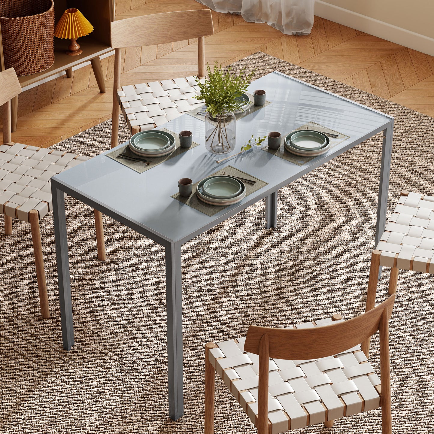 HOMCOM 120cm Dining Table Rectangle 4 Seater Kitchen Table With Tempered Glass Top And Metal Legs Grey