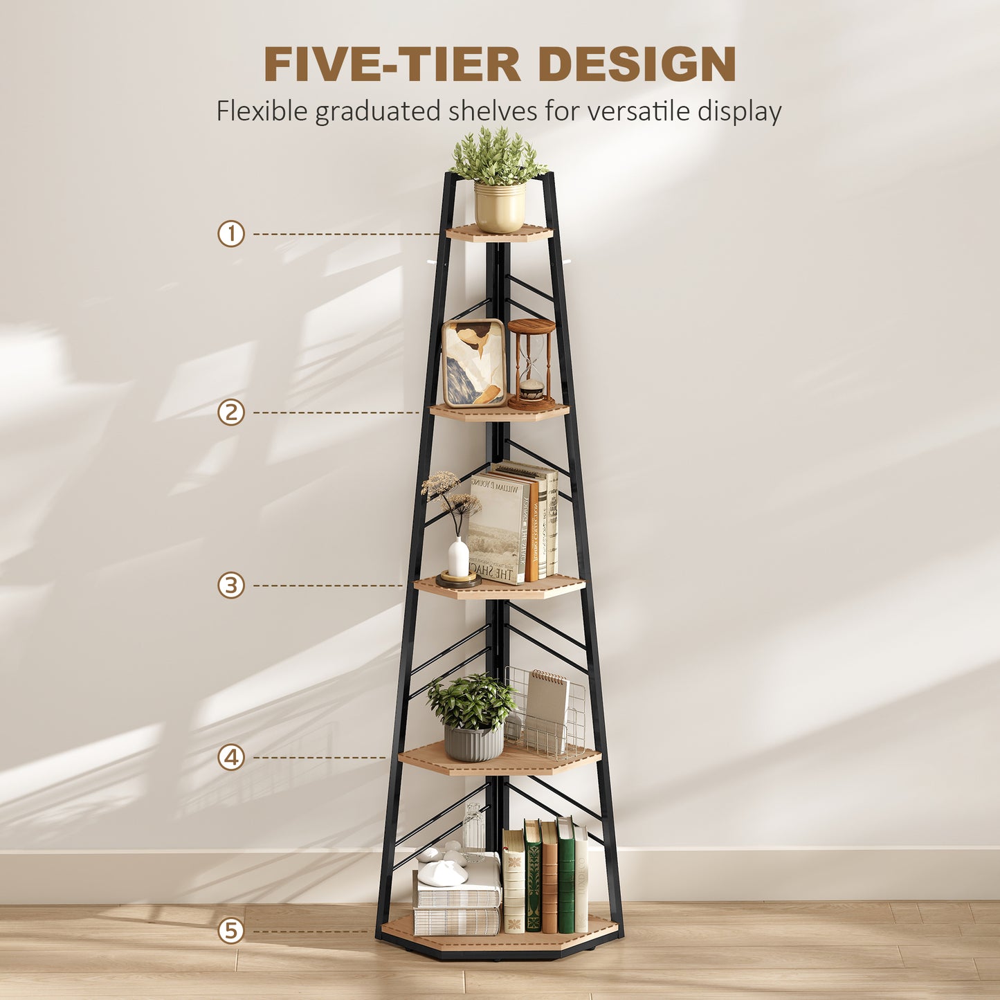 HOMCOM Corner Bookcase Five Tier Floor Standing Bookshelf Shelving Unit for Living Room Study Bedroom Natural Wood