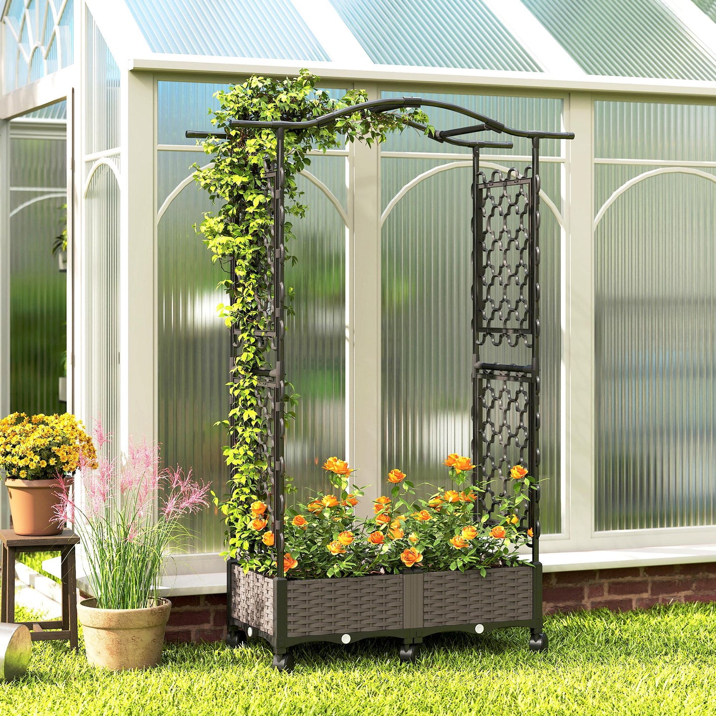 Outsunny Raised Garden Bed with Arch Trellis on Wheels Self Watering Planter Box with Side Trellis