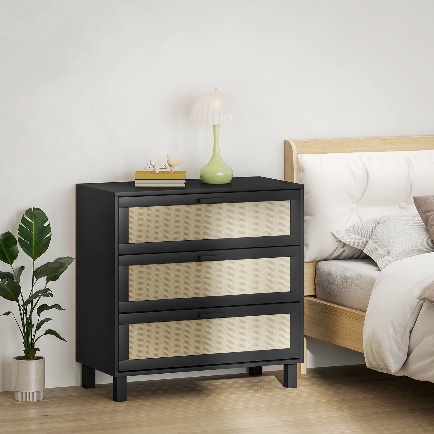 HOMCOM Rattan Bedroom Chest Of Drawers 3 Drawers Storage Unit Boho Dresser For Living Room Hallway Black