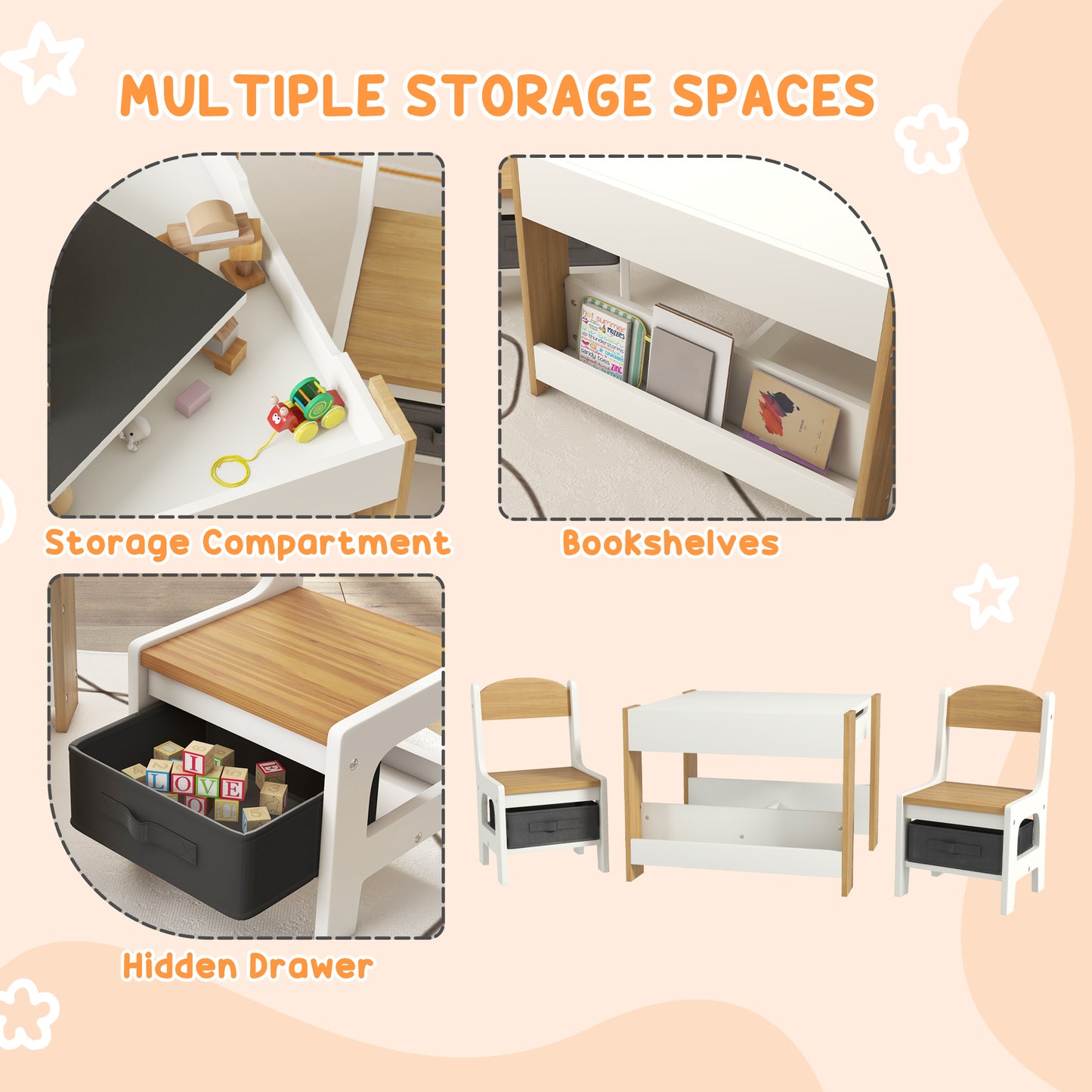 HOMCOM Three Piece Kids Table And Chair Set With Blackboard, Storage, And Bookshelves In Natural Wood
