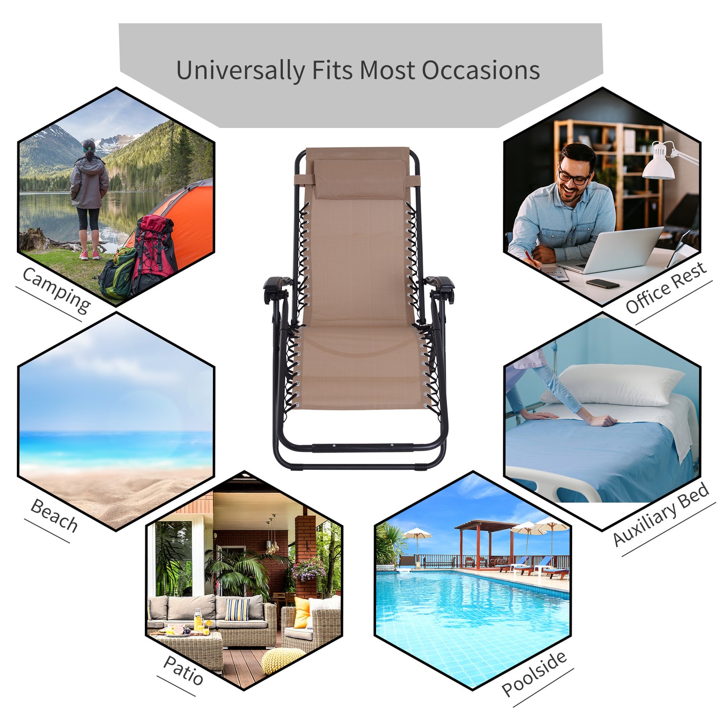 Outsunny Zero Gravity Chair Set of 2 Outdoor Folding Reclining Sun Loungers with Head Pillow Metal Frame Beige