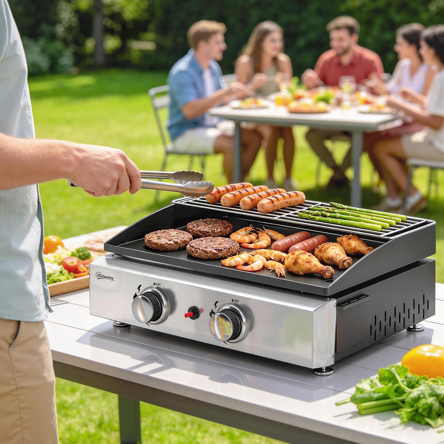 Outsunny Two Burner Grill Griddle Portable Gas Plancha With Warming Rack 5 Kilowatt Tabletop Gas BBQ Grease Cup Black
