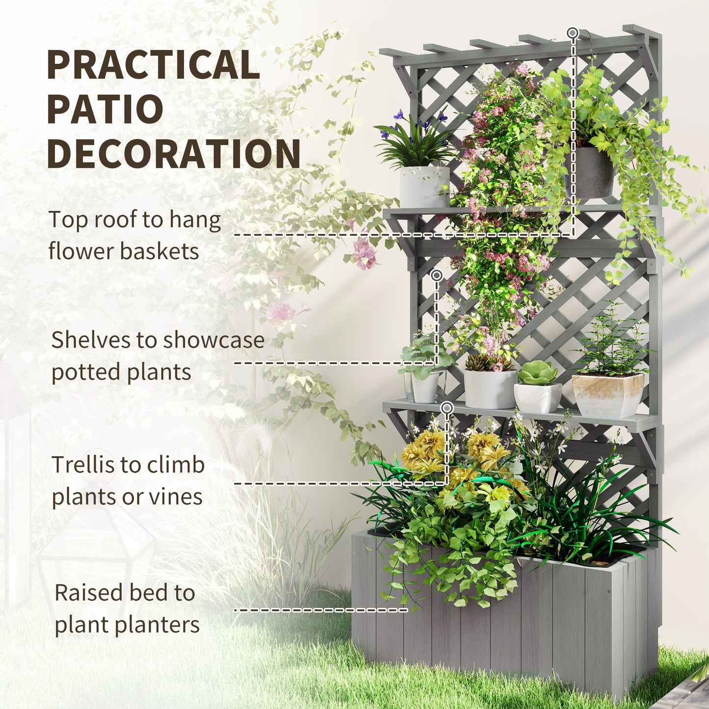 Outsunny 52L Fir Wood Planter With Trellis And Shelves Grey For Outdoor Use All Year