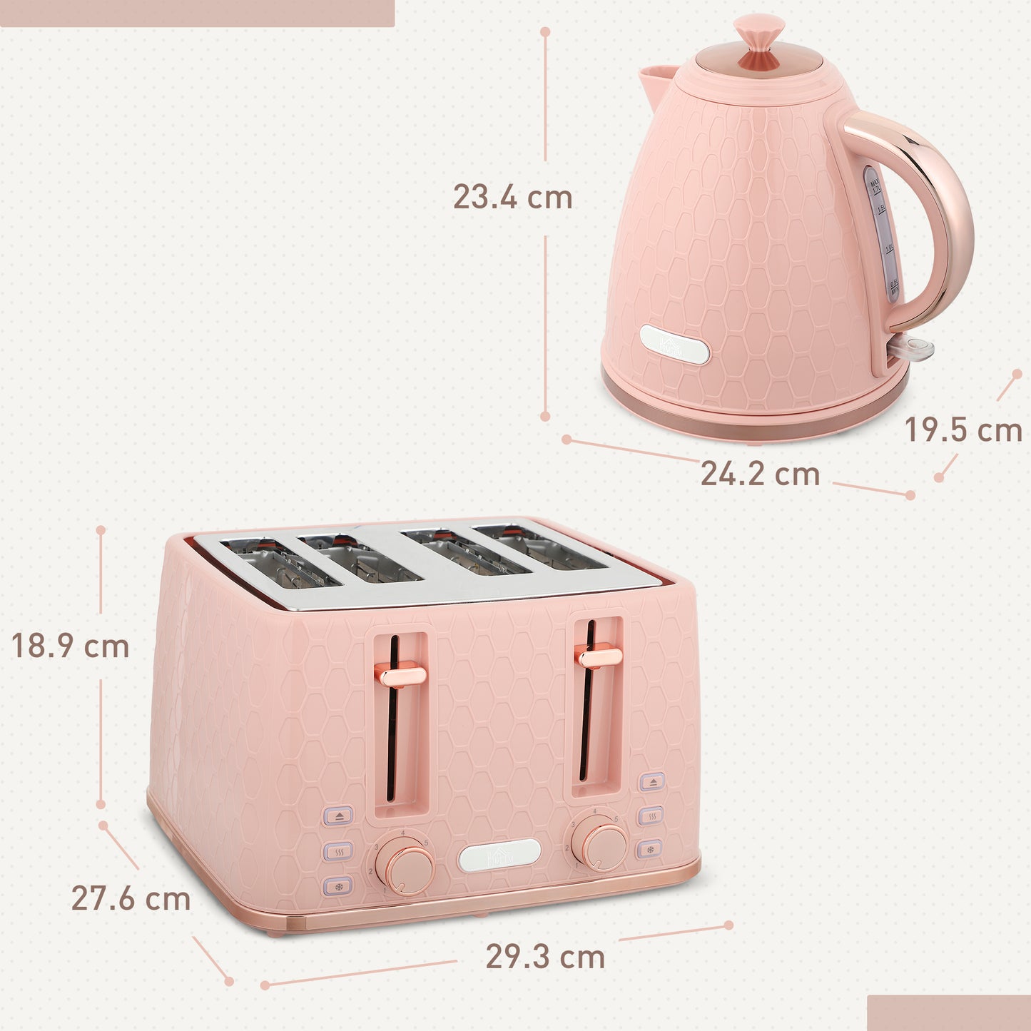 HOMCOM Kettle and Toaster Set 1.7L 3000W Fast Boil Kettle 4 Slice Toaster Honeycomb Pattern Light Pink