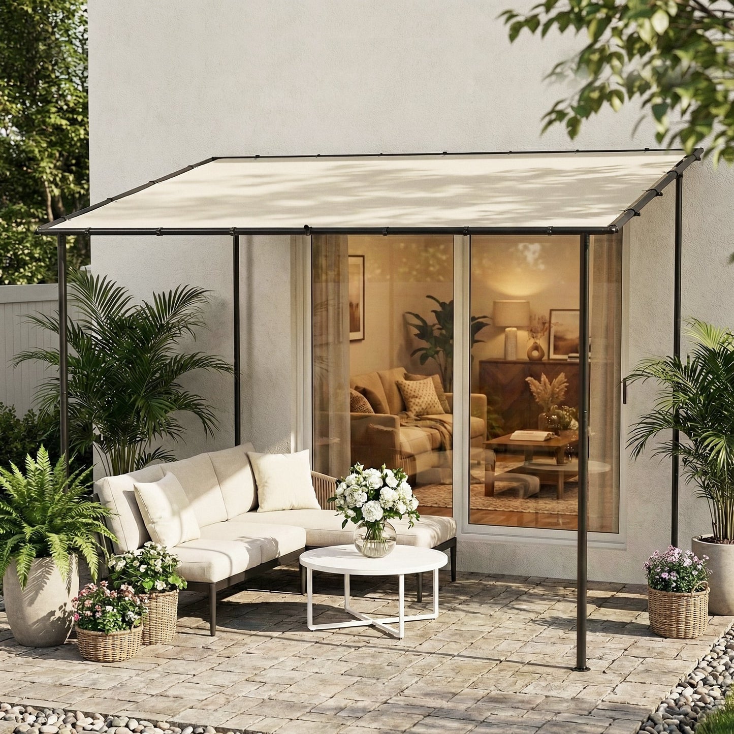 Outsunny 3 X 2 M Lean To Garden Pergola With Metal Frame UPF 30 Protection Sloped Roof Cream