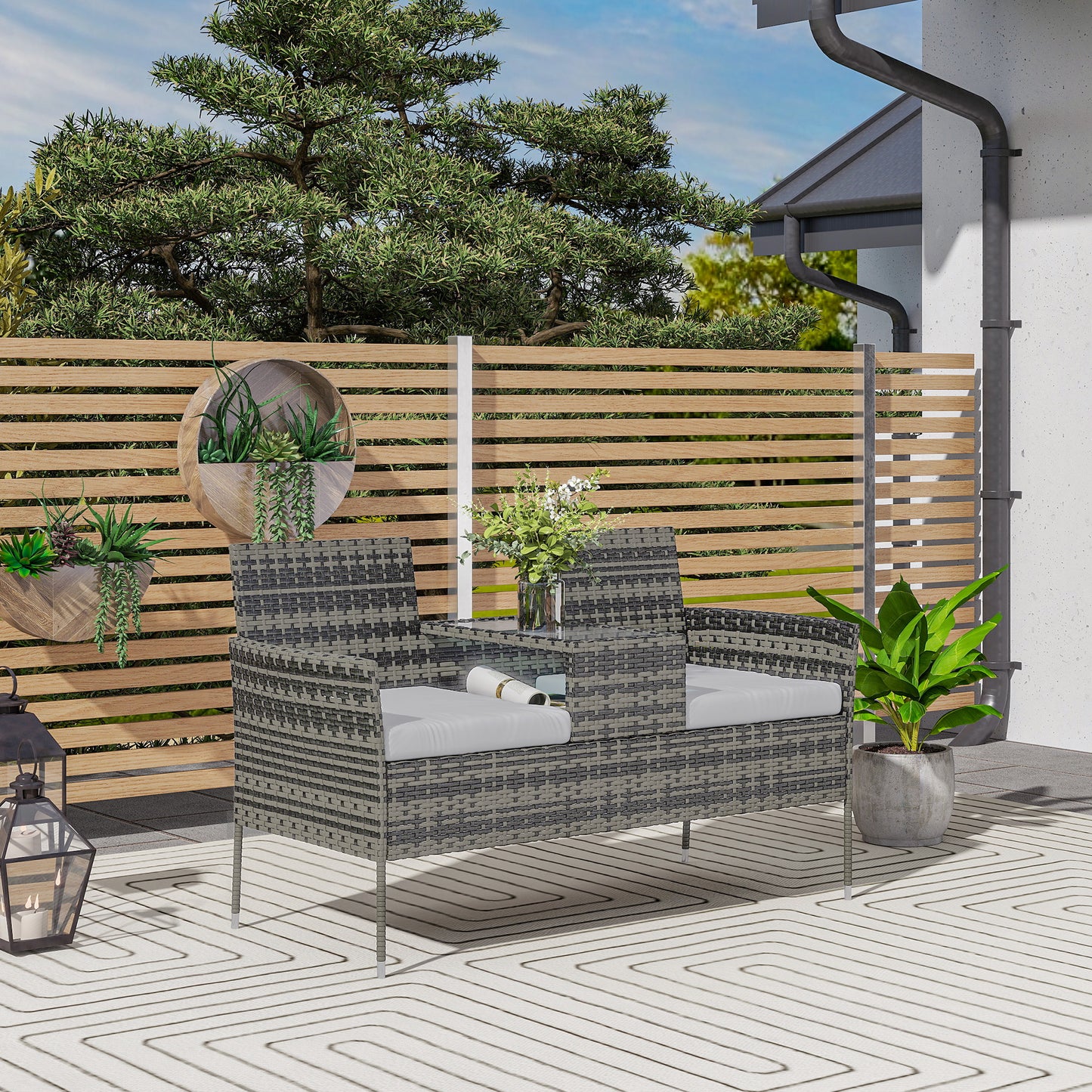 Outsunny Two Seat Rattan Chair With Middle Table Outdoor Patio Set Charcoal Grey Tempered Glass Top