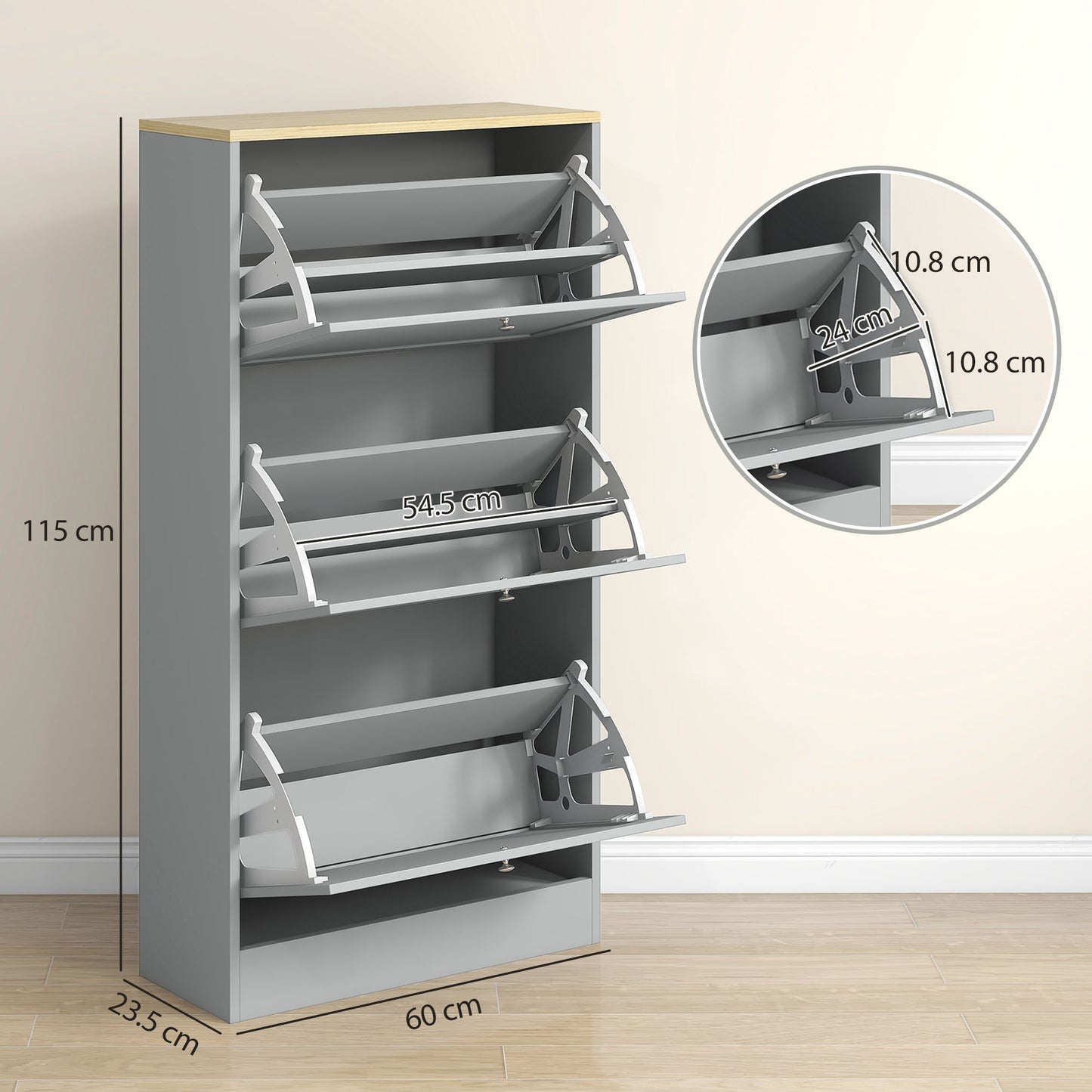 HOMCOM Modern Compact Three Drawer Shoe Storage Cabinet in Grey with Adjustable Shelves Holds 12 to 18 Pairs