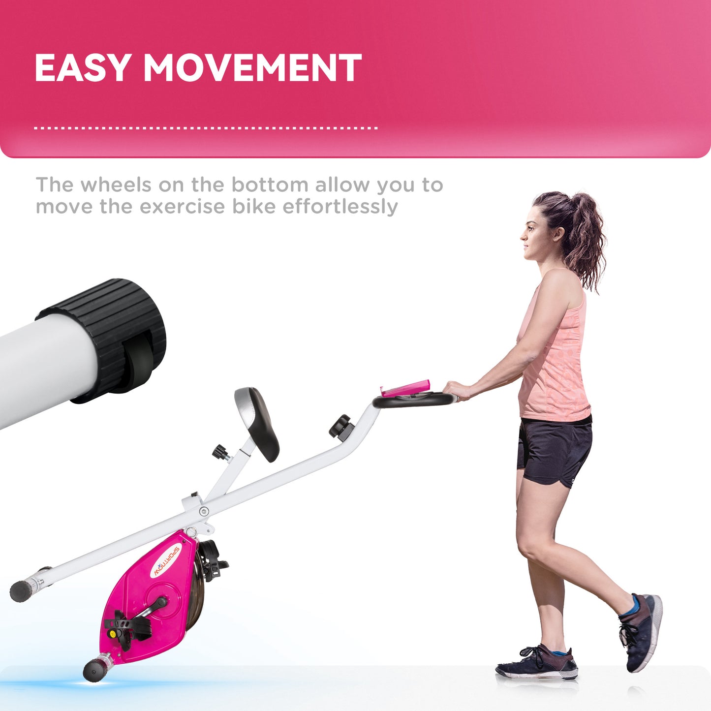 Folding Quiet Exercise Bike with Adjustable Resistance and Heart Rate Monitor for Home Use - Pink and White - ALL4U RETAILER LTD