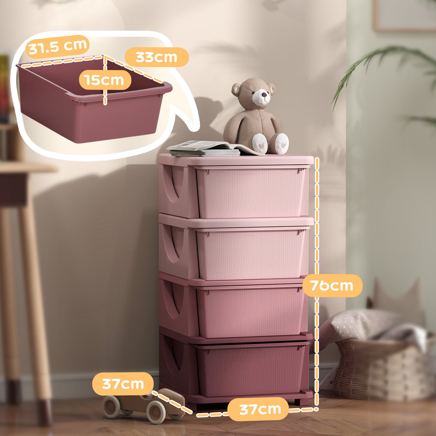 HOMCOM Four Tier Kids Storage Boxes With Four Drawers Pink Durable Plastic Toy Organizer