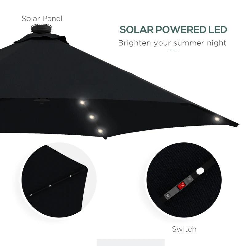 Outsunny 3m Garden Cantilever Umbrella with Solar LED Lights - Cross Base, Waterproof Cover - Black Patio Parasol for Enhanced Outdoor Comfort - ALL4U RETAILER LTD