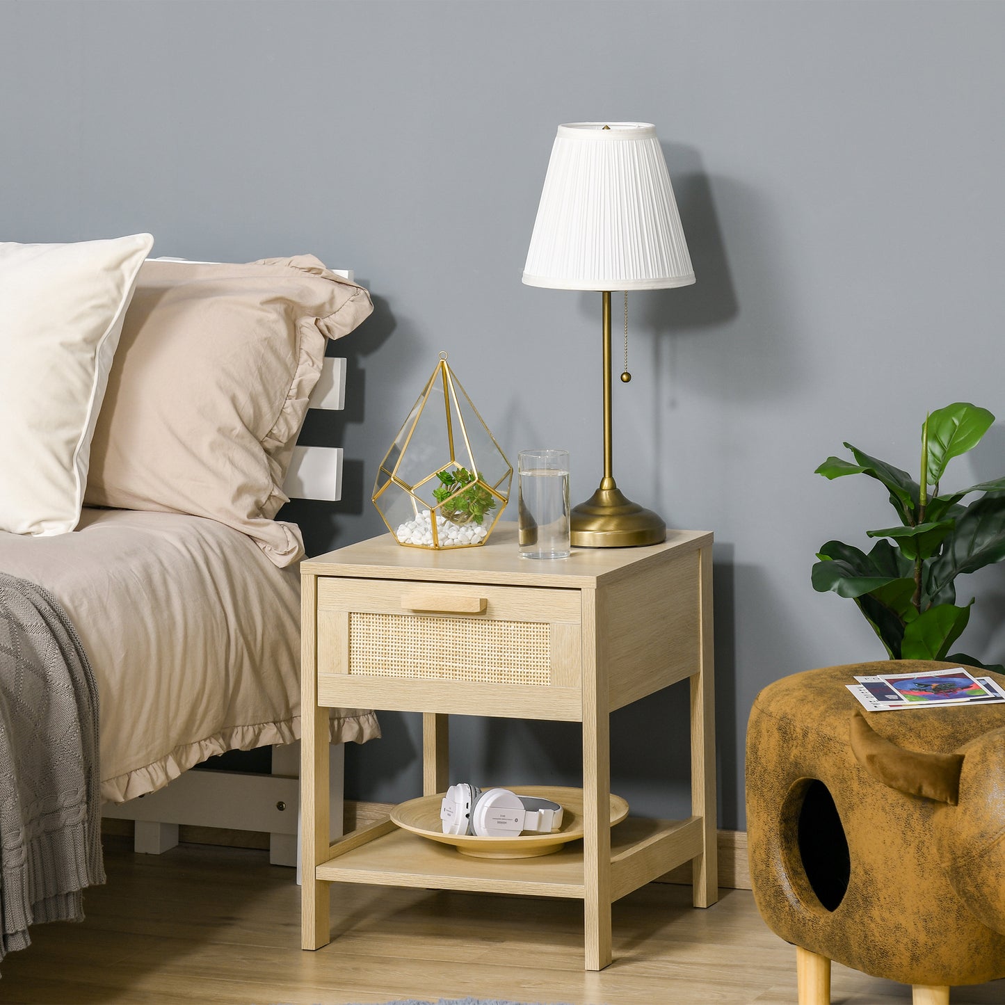 HOMCOM Chest Of Drawers And Nightstands Boho Rattan Furniture Set Natural Wood Finish