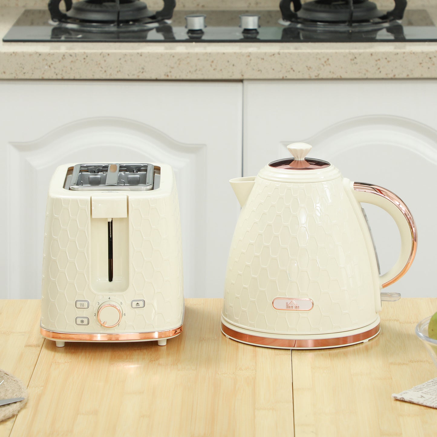 HOMCOM 1.7L 3000W Fast Boil Kettle And 2 Slice Toaster Set With Auto Shut Off Browning Controls Beige Honeycomb