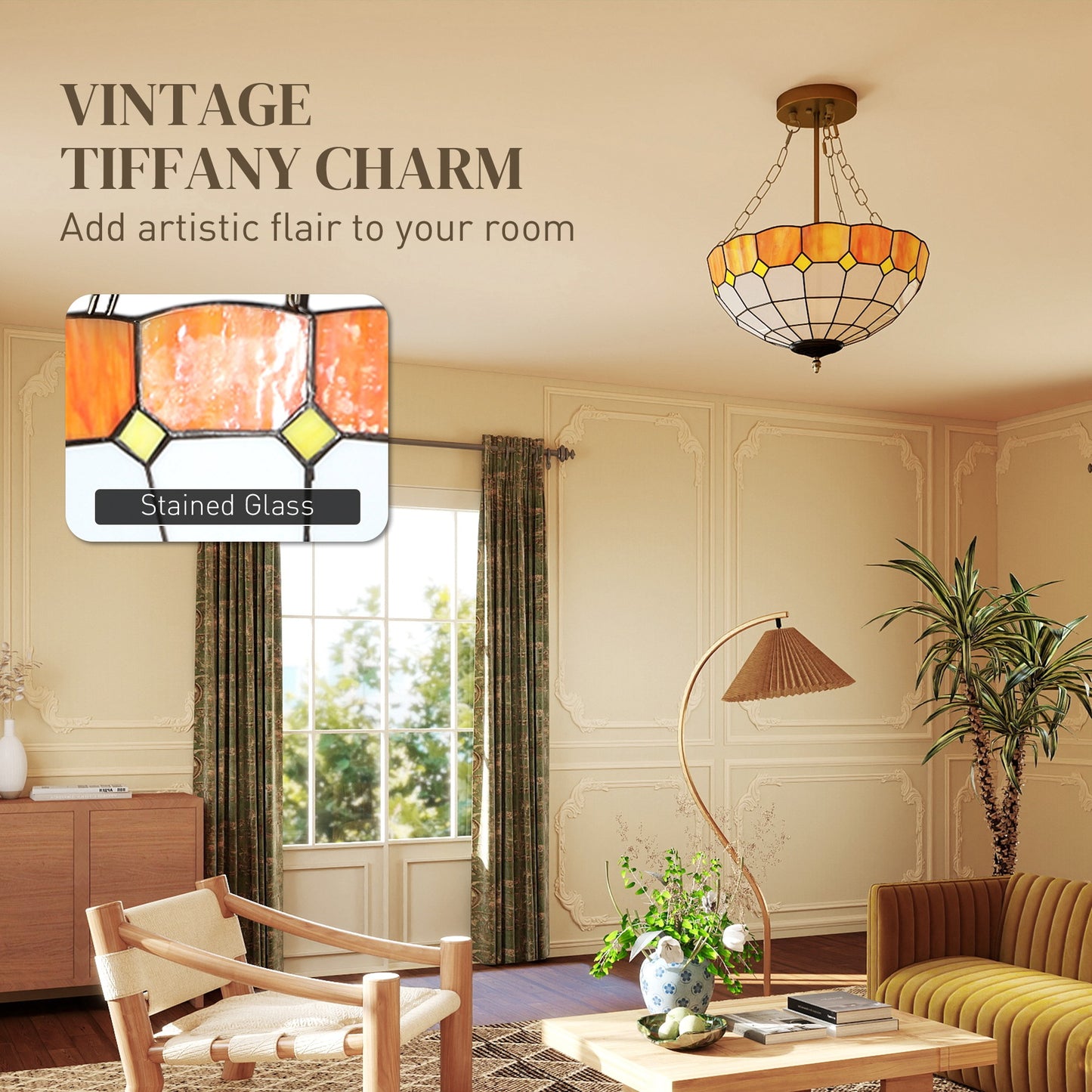 HOMCOM Tiffany Style Ceiling Light Vintage Chandelier With 3 E27 Sockets Semi Flush Mount For Living Room