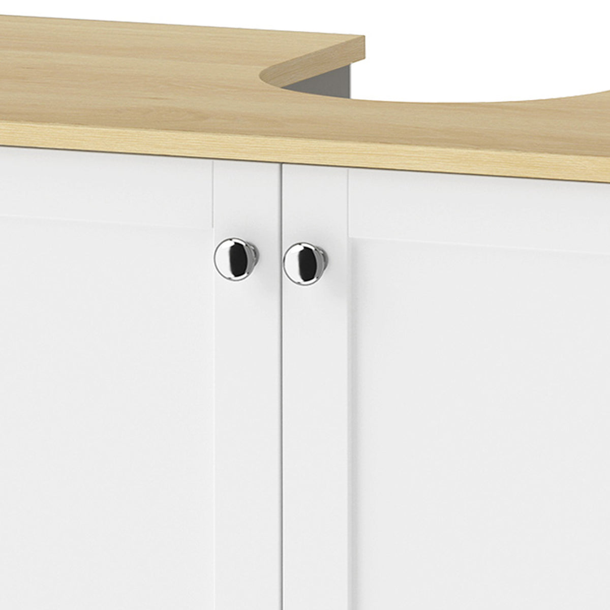 White cabinet doors with silver-tone round knobs under a light wood top.