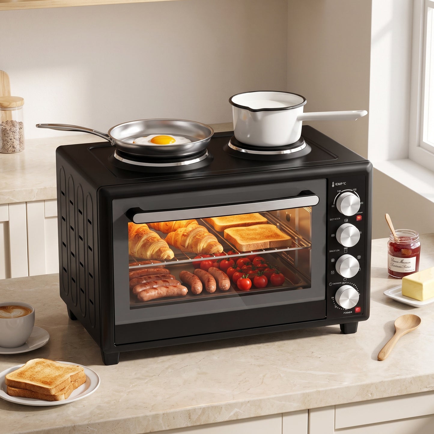 HOMCOM 46L Countertop Oven With Dual Hot Plates Convection And Adjustable Thermostat