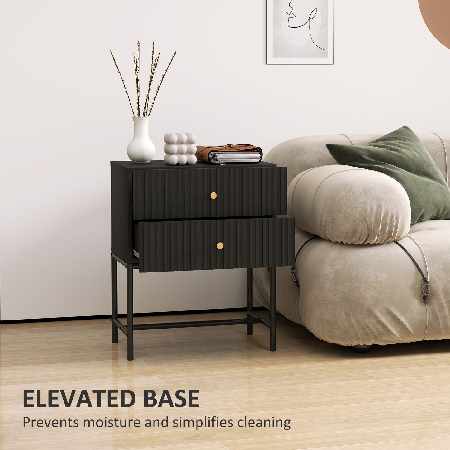 Homcom Elegant Two Drawer Bedside Table Set Of 2 Black Nightstands With Gold Handles