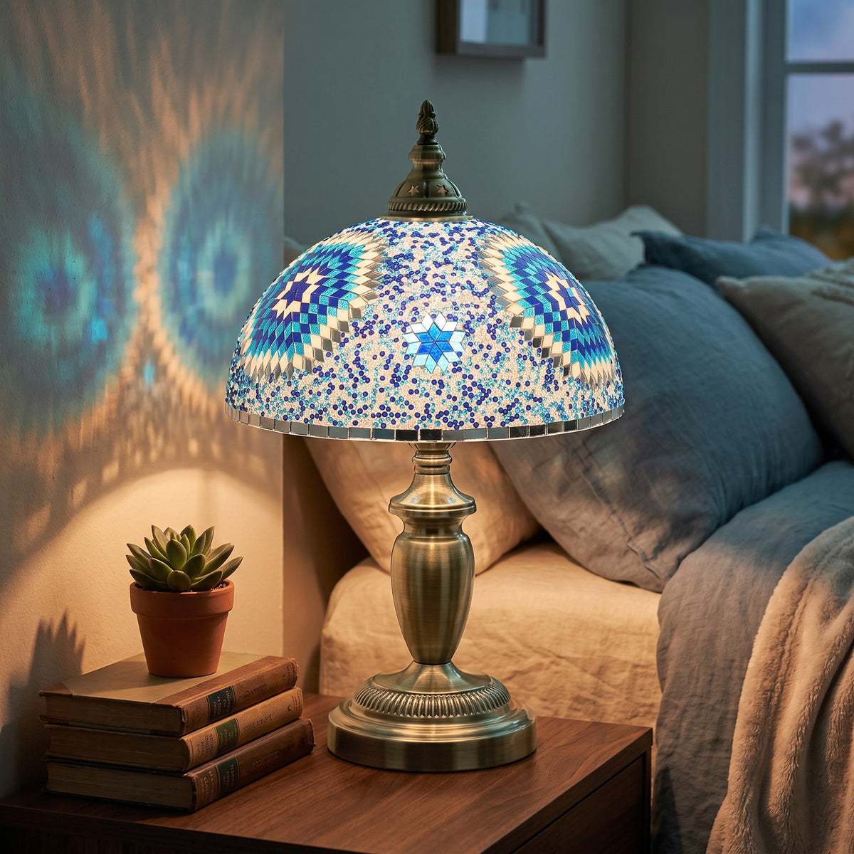 Homcom Blue Tiffany Stained Glass Bedside Table Lamp With Metal Base