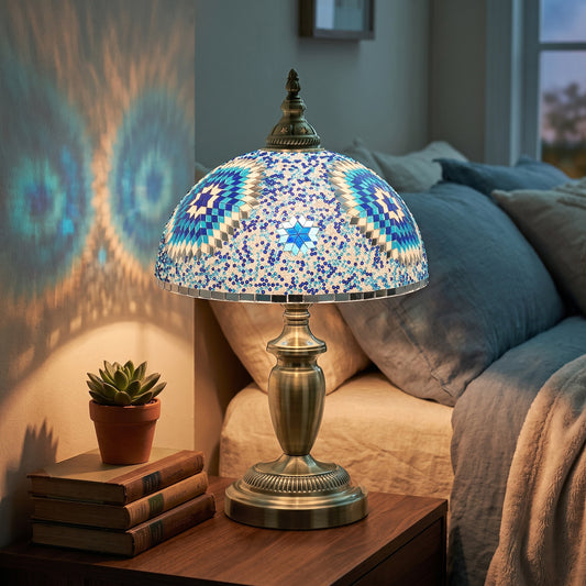 Blue stained-glass table lamp with brass metal base and domed mosaic shade