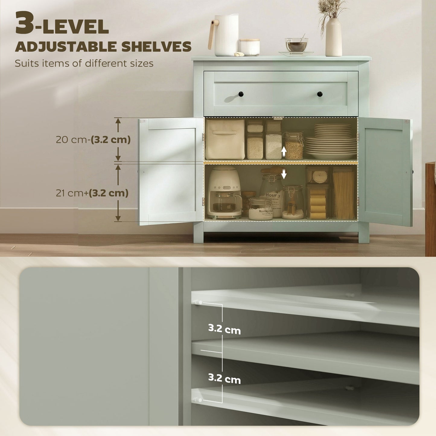 HOMCOM Sideboard Storage Cabinet Modern Kitchen Cupboard With Adjustable Shelf Drawer And Double Doors Green