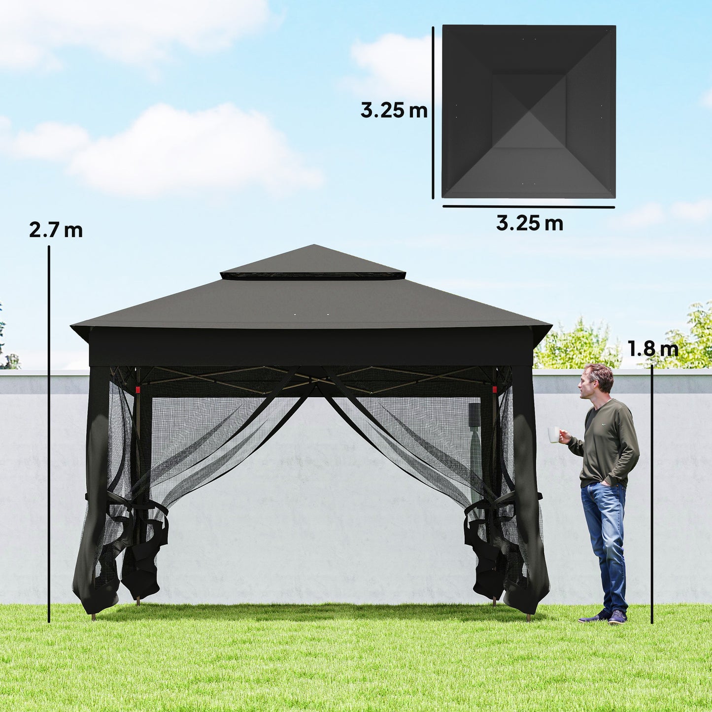 Outsunny 3m by 3m Pop Up Gazebo with Netting and Carry Bag Black Double Roof Garden Shelter for Parties