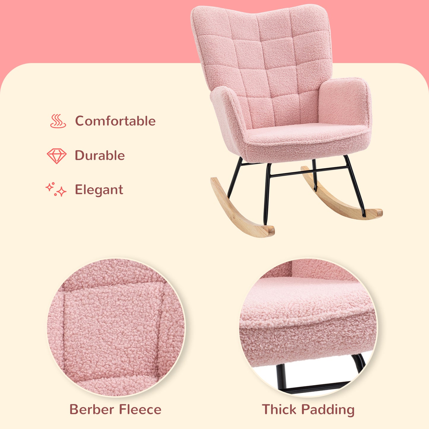 HOMCOM Soft Fleecey Rocking Wingback Chair Pink Large Plush Comfort With High Back And Armrests