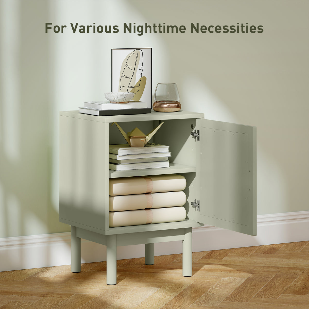 HOMCOM 2 Piece Rattan Bedside Table Set Light Green With Adjustable Shelf