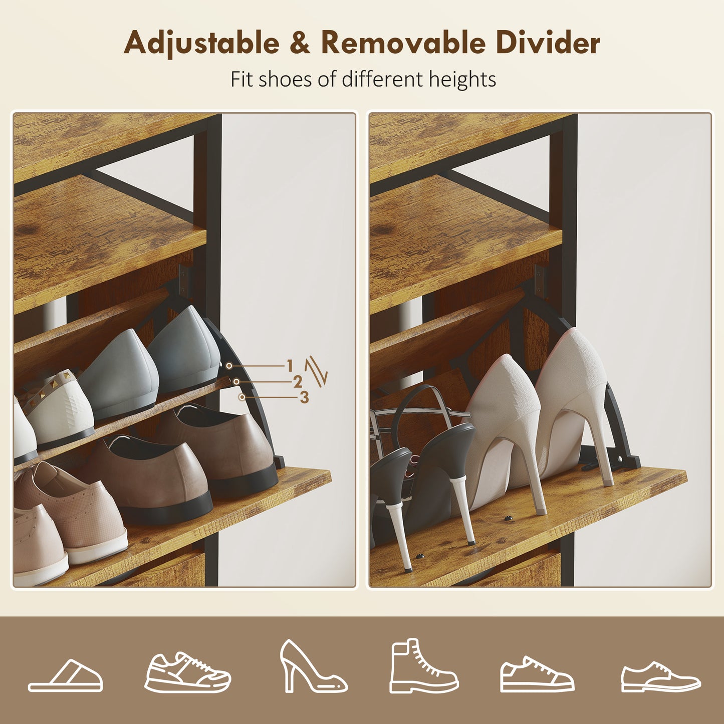 HOMCOM Rustic Brown Shoe Storage Cabinet With 4 Flip Drawers And Open Shelf Industrial Style