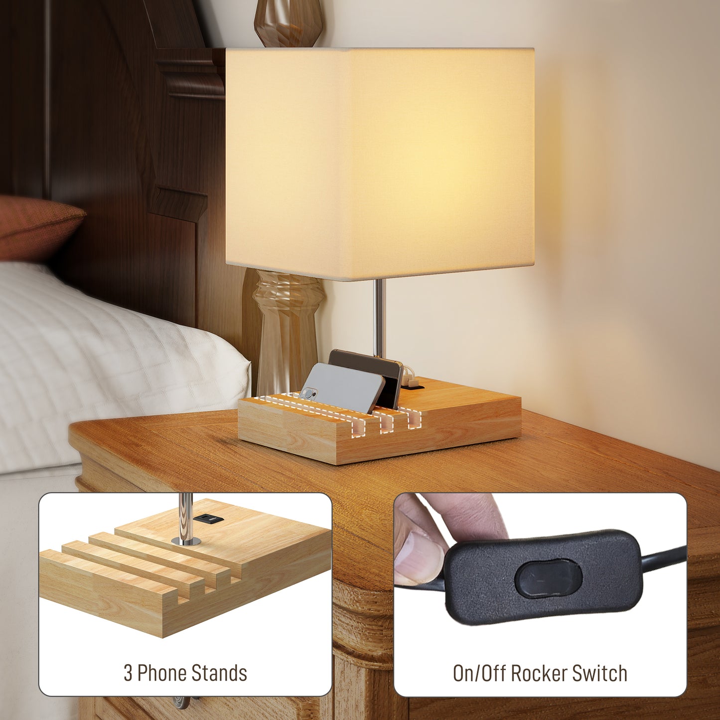 HOMCOM Bedside Lamp With USB A C Ports And Three Phone Stands, Modern Wood Base Fabric Shade E27 Socket, White