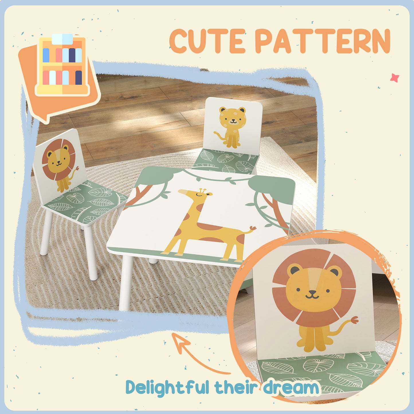 AIYAPLAY 3 Piece Toddler Table and Chair Set with 2 Chairs Green Animal Print Safe Edges for Playroom
